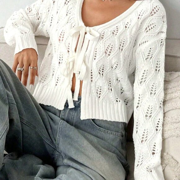 White Casual Women's Tie-Front Hollow-Out Long Sleeve Geometric Knit Cardigan - Picture 3 of 7